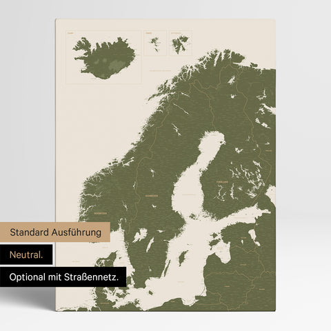 Neutrale und schlichte Standard-Ausführung einer Skandinavien-Karte als Pinn-Leinwand in Grün mit oder ohne Straßennetz
