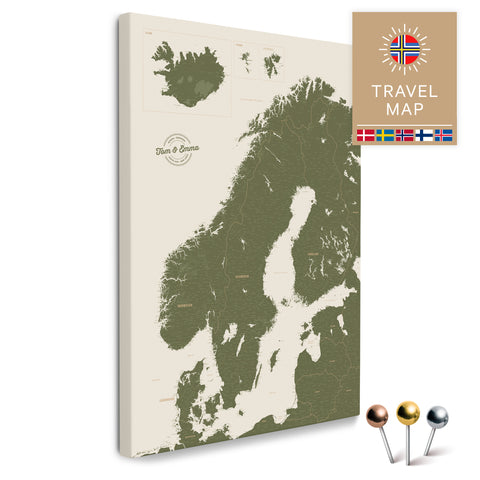 Skandinavien-Karte in Grün als Pinnwand Leinwand zum Pinnen und Markieren von Reisezielen kaufen