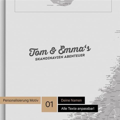 Skandinavien-Karte als Pinnwand Leinwand in Hellgrau mit Personalisierung und Eindruck mit deinem Namen