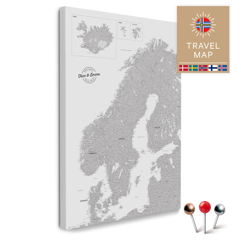 Skandinavien-Karte in Hellgrau als Pinnwand Leinwand zum Pinnen und Markieren von Reisezielen kaufen