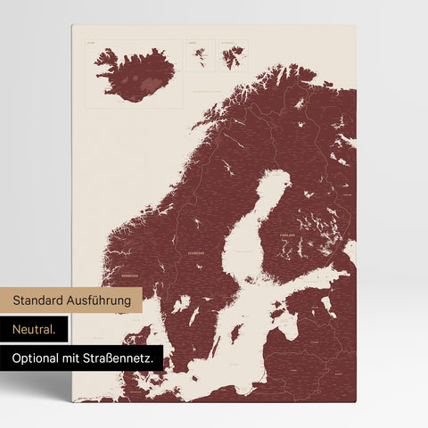 Neutrale und schlichte Standard-Ausführung einer Skandinavien-Karte als Pinn-Leinwand in Bordeaux Rot mit oder ohne Straßennetz