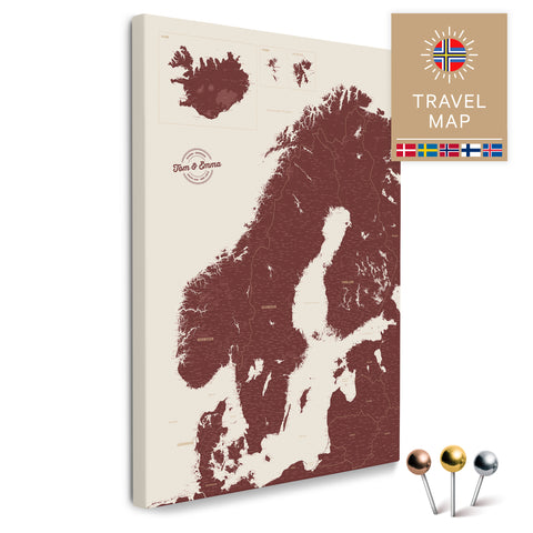 Skandinavien-Karte in Bordeaux Rot als Pinnwand Leinwand zum Pinnen und Markieren von Reisezielen kaufen