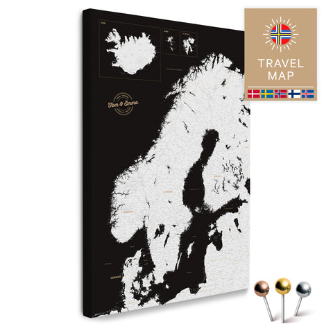 Skandinavien-Karte in Dark Black (Schwarz-Weiss) als Pinnwand Leinwand zum Pinnen und Markieren von Reisezielen kaufen