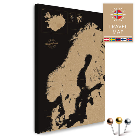 Skandinavien-Karte in Sonar Black als Pinnwand Leinwand zum Pinnen und Markieren von Reisezielen kaufen