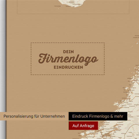 Skandinavien-Karte als Pinn-Leinwand in Treasure Gold mit Eindruck eines Firmenlogos