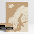 Neutrale und schlichte Standard-Ausführung einer Skandinavien-Karte als Pinn-Leinwand in Treasure Gold mit oder ohne Straßennetz