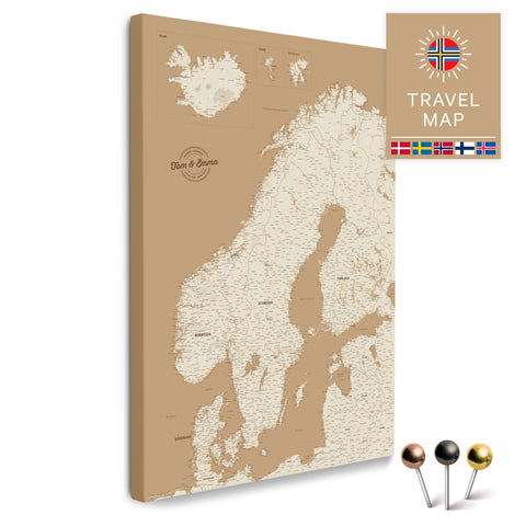 Skandinavien-Karte in Treasure Gold als Pinnwand Leinwand zum Pinnen und Markieren von Reisezielen kaufen