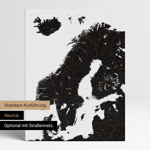Neutrale und schlichte Standard-Ausführung einer Skandinavien-Karte als Pinn-Leinwand in Light Black mit oder ohne Straßennetz