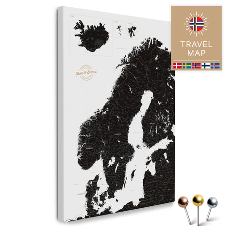 Skandinavien-Karte in Light Black als Pinnwand Leinwand zum Pinnen und Markieren von Reisezielen kaufen