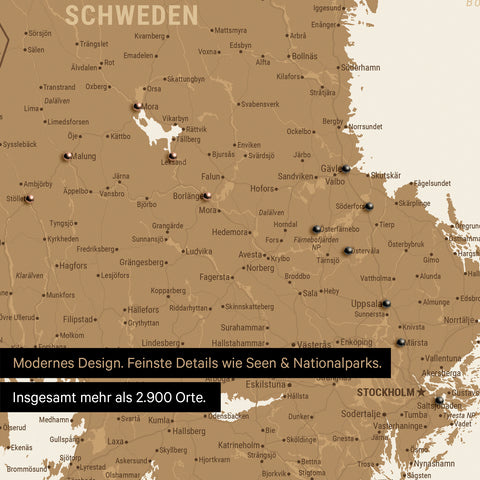 Ausschnitt einer Landkarte als Poster von Schweden mit der Region Stockholm mit Pins zur Markierung von besuchten Reisezielen
