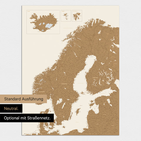 Neutrale Ausführung einer Skandinavien-Karte als Design-Poster ohne Personalisierung