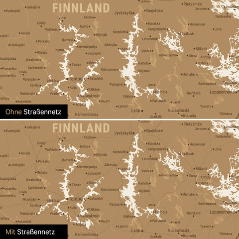 Vergleich einer Skandinavien-Karte mit und ohne Straßennetz
