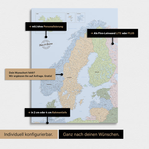 Konfigurationsmöglichkeiten einer politischen Skandinavien-Landkarte als Pinn-Leinwand in Multicolor Atlas 