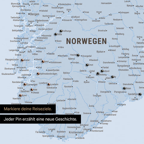 Detail einer politischen Skandinavien-Karte als Pinn-Leinand in Multicolor Atlas mit Pins im Süden von Norwegen