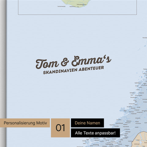 Politische Skandinavien-Karte als Pinnwand Leinwand in Multicolor Atlas mit Personalisierung und Eindruck mit deinem Namen