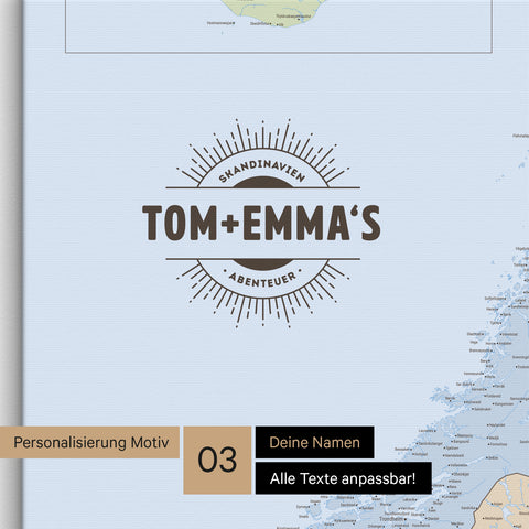 Politische Skandinavien-Karte als Pinn-Leinwand in Multicolor Atlas mit eingedruckten Namen als Logo in Form einer Sonne