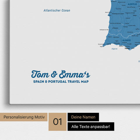 Landkarte von Spanien- & Portugal als Pinnwand Leinwand in Blau mit Personalisierung und Namen in einer modernen Schreibschrift