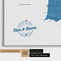 Spanien- & Portugal-Karte Pinn-Leinwand in Blau mit Personalisierung als rundes Logo, das eine Legende für bereits besuchte Reiseziele im Rundtext beinhaltet