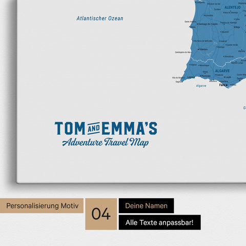 Spanien- & Portugal-Karte zum Pinnen in Blau mit Personalisierung im Vintage-Stil