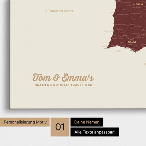 Landkarte von Spanien- & Portugal als Pinnwand Leinwand in Bordeaux-Rot mit Personalisierung und Namen in einer modernen Schreibschrift