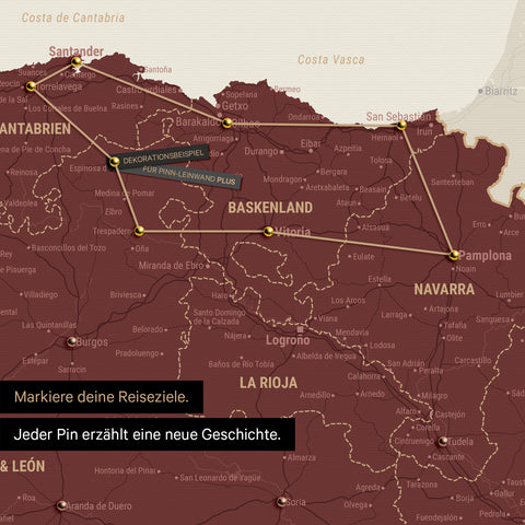 Moderne Spanien- & Portugal Landkarte in der Farbe Bordeaux-Rot als Pinn-Leinwand zeigt einen Ausschnitt vom Baskenland und Navarra, in der bereits besuchte Reiseziele durch Pins markiert sind 