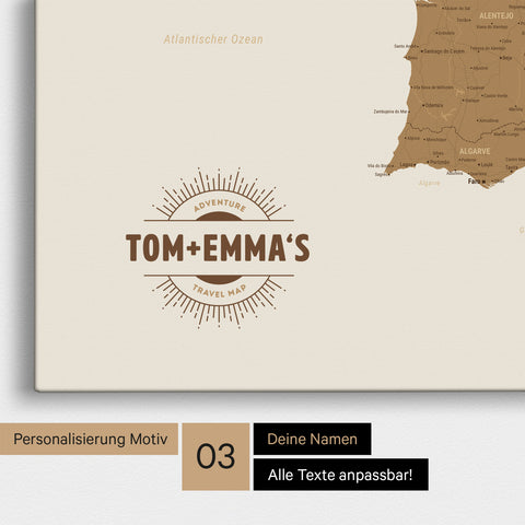 Spanien- & Portugal-Karte zum Pinnen in Bronze mit Personalisierung im Vintage-Stil
