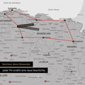 Moderne Spanien- & Portugal Landkarte in der Farbe Hellgrau als Pinn-Leinwand zeigt einen Ausschnitt vom Baskenland und Navarra, in der bereits besuchte Reiseziele durch Pins markiert sind 