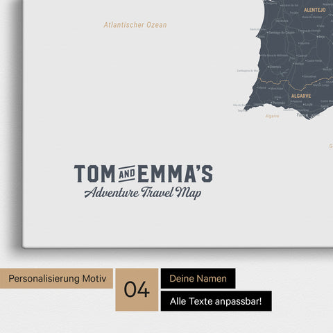Spanien- & Portugal-Karte zum Pinnen in Denim Blue mit Personalisierung im Vintage-Stil