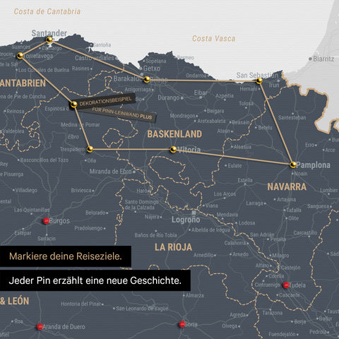 Moderne Spanien- & Portugal Landkarte in der Farbe Denim Blue als Pinn-Leinwand zeigt einen Ausschnitt vom Baskenland und Navarra, in der bereits besuchte Reiseziele durch Pins markiert sind