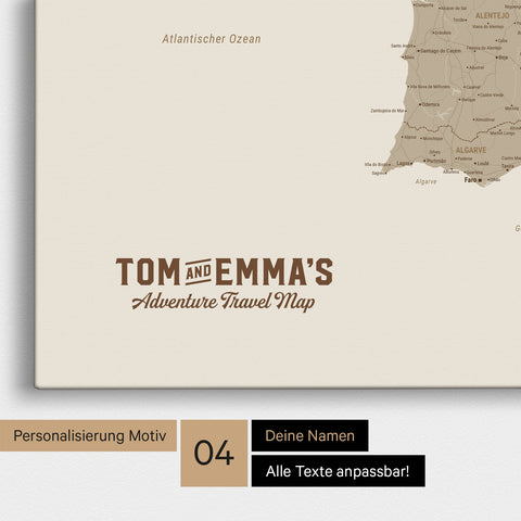 Spanien- & Portugal-Karte zum Pinnen in Desert Sand mit Personalisierung im Vintage-Stil