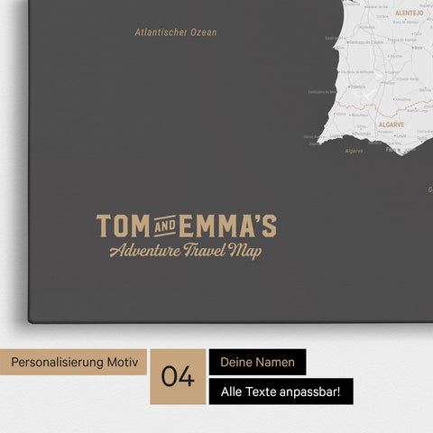 Spanien- & Portugal-Karte zum Pinnen in Dunkelgrau mit Personalisierung im Vintage-Stil