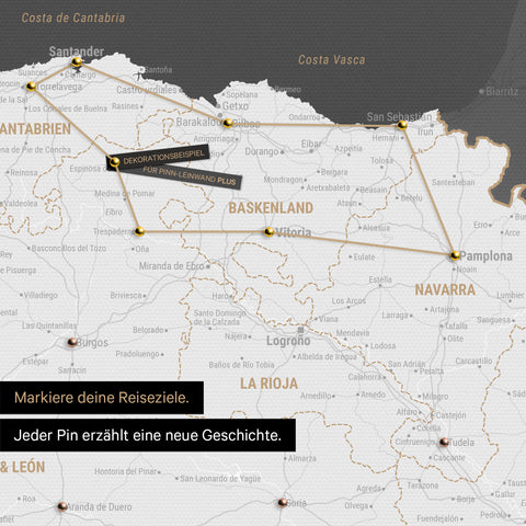 Moderne Spanien- & Portugal Landkarte in der Farbe Dunkelgrau als Pinn-Leinwand zeigt einen Ausschnitt vom Baskenland und Navarra, in der bereits besuchte Reiseziele durch Pins markiert sind 