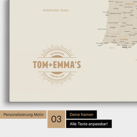 Spanien & Portugal-Karte TRAVEL® Pinn-Leinwand – Gold