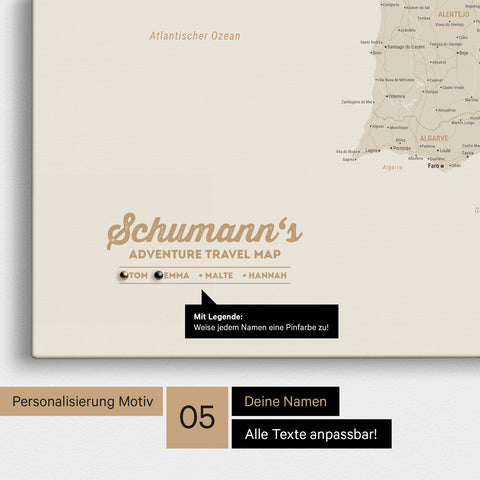 Spanien- & Portugal-Karte als Leinwand in Gold mit Personalisierung als Logo mit Familiennamen und Legende für Orte, die man bereits besucht hat und noch besuchen möchte
