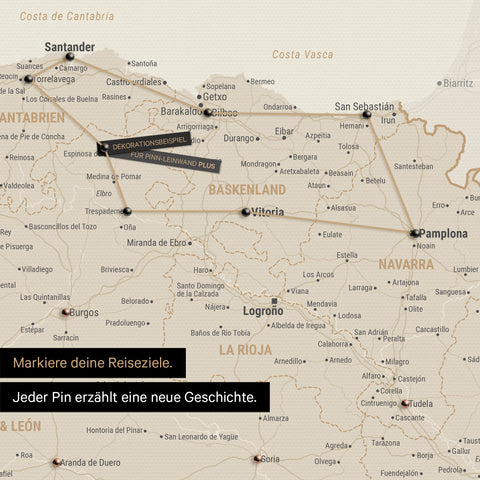 Moderne Spanien- & Portugal Landkarte in der Farbe Gold als Pinn-Leinwand zeigt einen Ausschnitt vom Baskenland und Navarra, in der bereits besuchte Reiseziele durch Pins markiert sind 