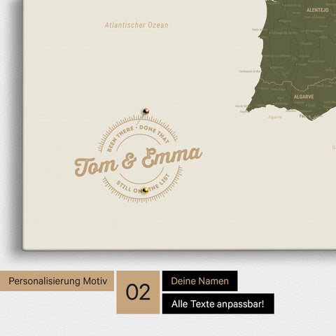 Spanien- & Portugal-Karte Pinn-Leinwand in Oliv-Grün mit Personalisierung als rundes Logo, das eine Legende für bereits besuchte Reiseziele im Rundtext beinhaltet
