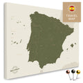 Spanien- & Portugal-Landkarte in der Farbe Oliv-Grün in einem modernen, minimalistischem Design als Leinwand zum Pinnen von Reisen und Orten