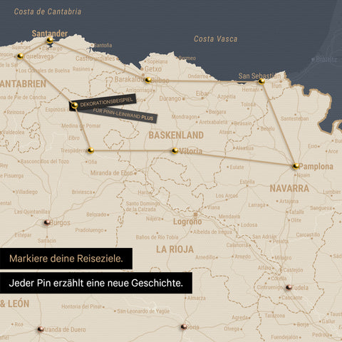 Moderne Spanien- & Portugal Landkarte in der Farbe Hale Navy als Pinn-Leinwand zeigt einen Ausschnitt vom Baskenland und Navarra, in der bereits besuchte Reiseziele durch Pins markiert sind 