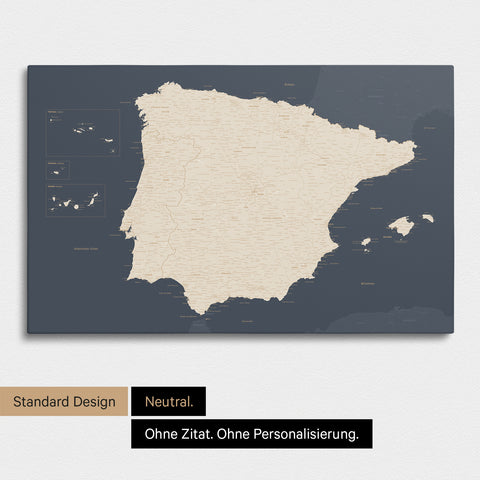 Neutrale Standard Ausführung der detaillierten Spanien- & Portugal-Karte als Pinnwand Leinwand in Hale Navy ohne Personalisierung