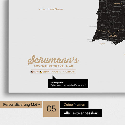Spanien- & Portugal-Karte als Leinwand in Weiß-Schwarz mit Personalisierung als Logo mit Familiennamen und Legende für Orte, die man bereits besucht hat und noch besuchen möchte