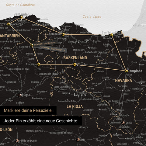 Moderne Spanien- & Portugal Landkarte in der Farbe Weiß-Schwarz als Pinn-Leinwand zeigt einen Ausschnitt vom Baskenland und Navarra, in der bereits besuchte Reiseziele durch Pins markiert sind 