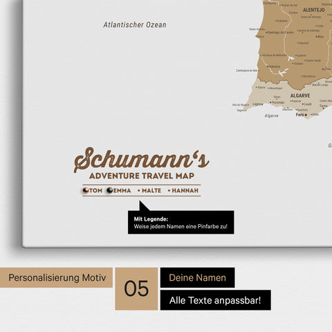 Spanien- & Portugal-Karte als Leinwand in Multicolor Beige mit Personalisierung als Logo mit Familiennamen und Legende für Orte, die man bereits besucht hat und noch besuchen möchte
