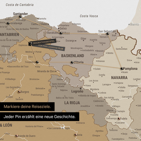Moderne Spnien- & Portugal Landkarte in der Farbe Multicolor Beige als Pinn-Leinwand zeigt einen Ausschnitt vom Baskenland und Navarra, in der bereits besuchte Reiseziele durch Pins markiert sind 