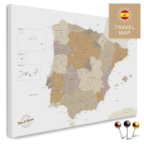 Spanien- & Portugal-Landkarte in der Farbe Multicolor Beige in einem modernen, minimalistischem Design als Leinwand zum Pinnen von Reisen und Orten