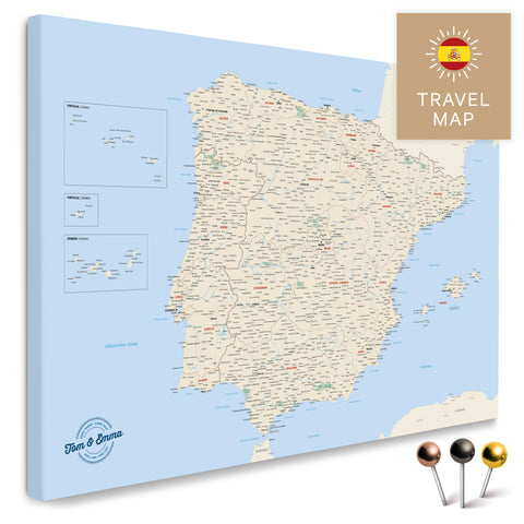 Spanien- & Portugal-Landkarte in der Farbe Multicolor Classic in einem modernen, minimalistischem Design als Leinwand zum Pinnen von Reisen und Orten