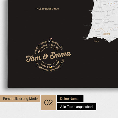 Spanien- & Portugal-Karte Pinn-Leinwand in Schwarz-Weiß mit Personalisierung als rundes Logo, das eine Legende für bereits besuchte Reiseziele im Rundtext beinhaltet