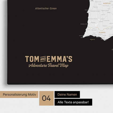 Spanien- & Portugal-Karte zum Pinnen in Schwarz-Weiß mit Personalisierung im Vintage-Stil