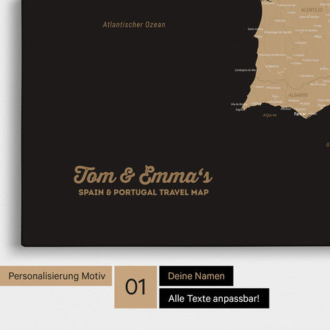 Landkarte von Spanien- & Portugal als Pinnwand Leinwand in Sonar Black mit Personalisierung und Namen in einer modernen Schreibschrift