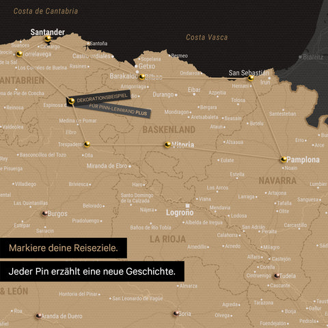 Moderne Spanien- & Portugal Landkarte in der Farbe Sonar Black als Pinn-Leinwand zeigt einen Ausschnitt vom Baskenland und Navarra, in der bereits besuchte Reiseziele durch Pins markiert sind 