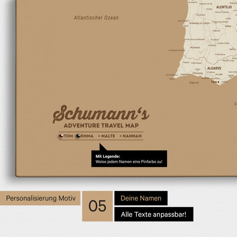 Spanien- & Portugal-Karte als Leinwand in Treasure Gold mit Personalisierung als Logo mit Familiennamen und Legende für Orte, die man bereits besucht hat und noch besuchen möchte